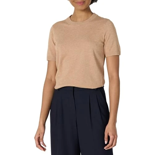 Limitiertes Angebot: Amazon Essentials Damen Kurzarmpullover-Pullovertop in Regular-Fit, Kamelbraun Meliert, M von 18.23 EUR auf 18.23 EUR (Spare 0%)