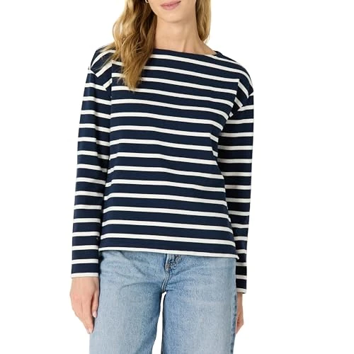Limited-time offer: Amazon Essentials Women's 100% Cotton Heavyweight Relaxed-Fit Long-Sleeve Boatneck Top, Navy Eggshell White Mariner Stripes, M from 18.20 GBP to 15.60 GBP (save 14%)