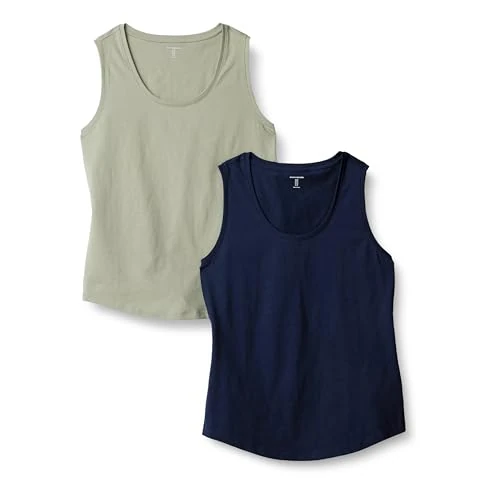 Limited-time offer: Amazon Essentials Women's Regular-Fit 100% Cotton Sleeveless Tank Top, Pack of 2, Navy/Sage Green, L from 20.10 GBP to 20.10 GBP (save 0%)