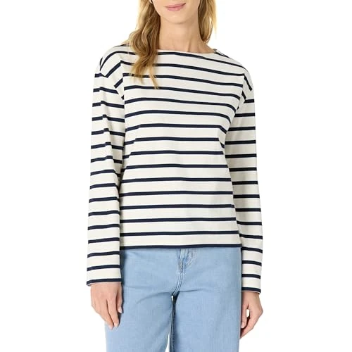 Offerta a tempo: Amazon Essentials Top a Maniche Lunghe in 100% Cotone Pesante con Scollo a Barchetta e Vestibilità Comoda Donna, Bianco Guscio D'uovo Blu Marino Marinaio Righe, M - 40% da 20.90 € a 12.63 €