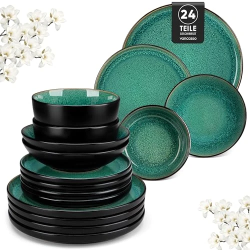vancasso Série PLAYA Assiettes Service de Table 6 Personnes - Vaisselle 24 Pièces en Grès - 6x Assiettes Plates, à Dessert, Creuses et Bols à Céréales - Adapté au Micro-Ondes - Glaçure Vert