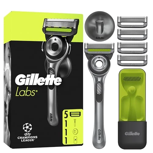 Gillette Labs Men's Wet Razor with Cleaning Element, Wet Razor for Men - Includes 1 Handpiece, 5 Replacement Blades, and Wall Mount for Easy Bathroom Storage