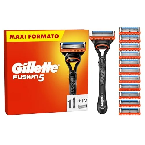 Gillette Fusion5 Razor for Men, 1 Gillette Razor, 12 Replacement Blades, with Lubricating Strip for a Smooth Glide and 5 Blades for a Close, Long-Lasting Shave