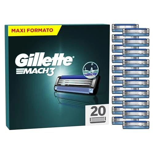 Gillette Mach3 Base 20 Replacement Blades for Manual Beard Shaver, with Lubricating Strip A Smooth Glide and Blade Coating Designed Reduce