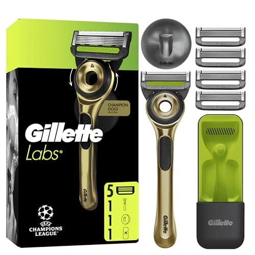 Gillette Labs Rasoir Homme Avec Barre Exfoliante Champion Gold, Manche Réutilisable Et 5 Cartouches De Recharge GilletteLabs A 5 Meilleures Lames De La Marque, Rasage Confortable Du Visage