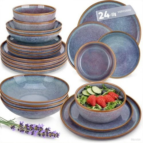 Offerta a tempo: vancasso PLAYA Servizio Piatti 6 Persone, Set Piatti Moderni 24 Pezzi in Gres - 6 Piatti Piani, 6 Piatti Dessert, 6 Piatti Fondi e 6 Ciotole Cereali - Smalto Reattivo Grigio Blu, Adatto per Microonde - 33% da 163.99 € a 109.99 €