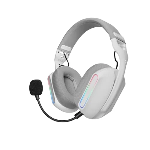 Mars Gaming MHW-PRO, Draadloos Gaming-headset ARGB Flow, 3D Surround Sound 7.1, Bluetooth 5.3 + 2.4GHz + 3,5 mm Jack, Ultralicht Ergonomisch Ontwerp, Dual Microfoon, Multiplatform, Wit