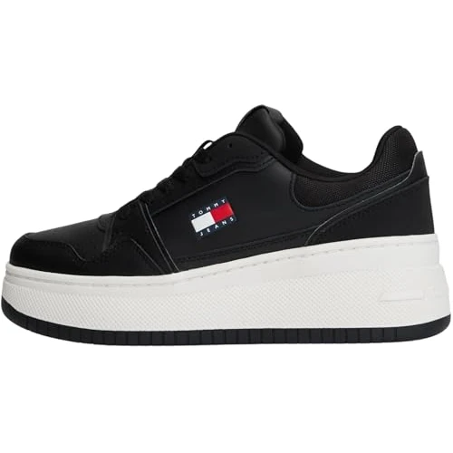 TOMMY JEANS Damen Flatform Sneaker Retro Basket aus Leder, Schwarz (Black), 36