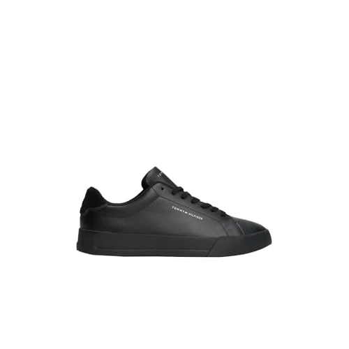Tommy Hilfiger Men’s Detail Essential Leather Court Trainers, Black (Black/Black), 6.5