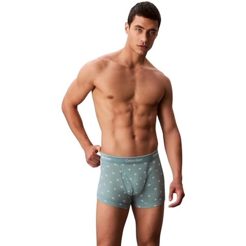 Calvin Klein Men’s 3 Pack Trunks with Logo Waistband, Turquoise (Micro Chip/Diamond Logo+Zoni Beach/), M
