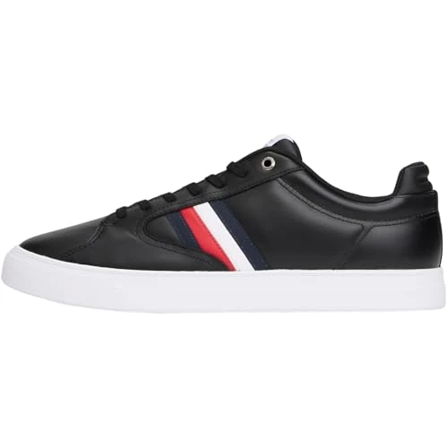 Offerta a tempo: Tommy Hilfiger Uomo Sneakers con Suola Preformata Icon Court Stripes in Pelle, Nero (Black), 46 - 51% da 99.90 € a 49.00 €