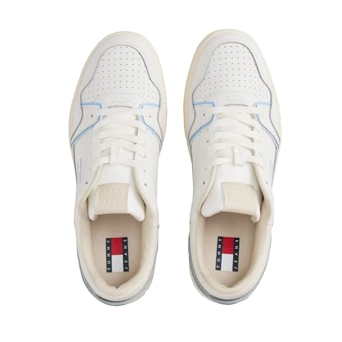 Tommy Jeans Baskets Cuvette Femme Retro Basket Basses, Blanc (Ecru/Light Blue), 38