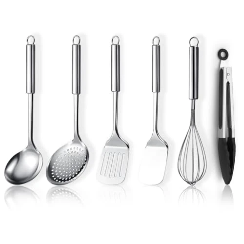 Oferta limitada: ReaNea Juego de utensilios de cocina de acero inoxidable 6 piezas incluye juego de espátula de metal, espumadera, cucharón, pinza, batidor esenciales Nuevo hogar debe tener de 19.99 EUR a 19.99 EUR (ahorro 0%)