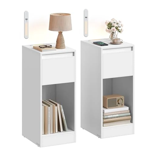 Offerta a tempo: VASAGLE Comodino sottile con stazione di ricarica e luce LED, set di 2 tavolini laterali stretti, porte USB, cassetto e scomparto aperto, per camera da letto, soggiorno, bianco nuvola LET710W01 - 15% da 59.99 € a 50.99 €