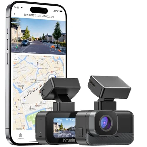 Krunia Mini Dashcam Voiture 2K WiFi, Caméra Avant avec App, CPL Support, GPS Externe, Vision Nocturne WDR, Surveillance 24h/24, Support Magnétique, Super Condensateur, Grand Angle 170°
