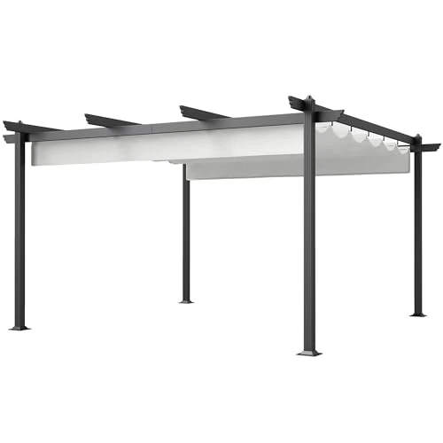 Outsunny Gazebo Pergola 4x4 m Pergolato con Telo Resistente Richiudibile Retrattile, Struttura in Alluminio, Pergola per Giardino, Terrazzo, Balcone, Veranda, Patio, Piscina e Esterno, Bianco