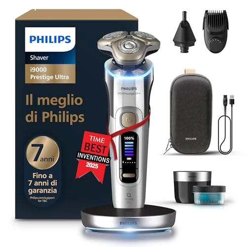 Zeitlich begrenztes Angebot: Philips Rasierer i9000 Prestige Ultra für Herren, Nass- und Trockenrasur, chrom, Druck- und Bewegungssensor, 5+1 Bartstyler, Nasenhaartrimmer, Reinigungsstation, Ladestation und Reiseetui (XP9404/38) von 429.99 € auf 299.99 € 