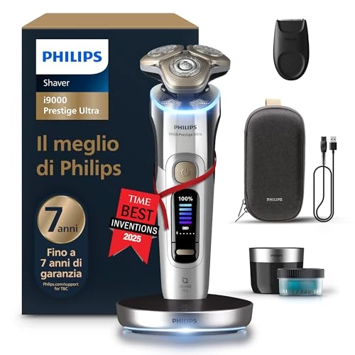 Offerta a tempo: Philips Shaver i9000 Prestige Ultra, rasoio elettrico Wet & Dry, tecnologia Skin IQ Pro, triplo sistema di sollevamento e taglio, lame di precisione NanoTech 360º, 5 modalità di rasatura, XP9404/31 - 50% da 599.99 € a 299.99 €