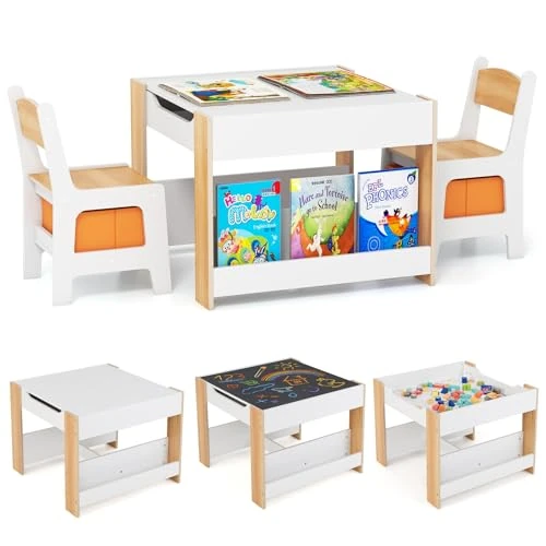 COSTWAY Set de table enfant avec 2 chaises pour 3 ans, table et chaises 4 en 1 avec tableau amovible, bibliothèques et boîte en tissu, meuble peu encombrant pour école, maternelle et chambre (blanc et