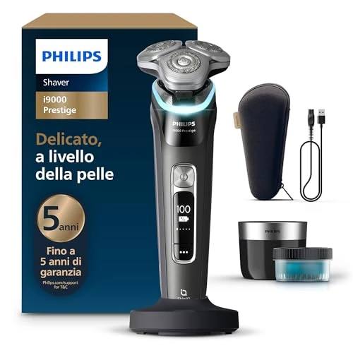 Offerta a tempo: Philips Shaver i9000 Prestige, rasoio elettrico Wet & Dry, tecnologia Skin IQ, triplo sistema Lift & Cut, doppie lame in acciaio di precisione 360º, pod per pulizia rapida, modello XP9207/30 - 28% da 399.99 € a 289.39 €