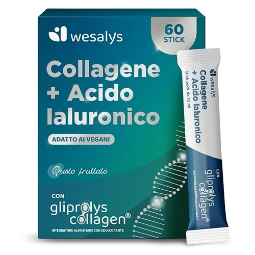 Offerta a tempo: Collagene da Bere - Collagene e Acido ialuronico Integratore, 60 Stick con Gliprolys® Collagen liquido Idrolizzato Vegano per Pelle, Capelli, Articolazioni. Con Biotina e Vitamina C. Wesalys - 10% da 29.90 € a 26.98 €