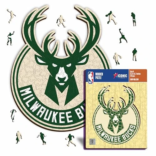 Iconic Puzzles - Milwaukee Bucks, Logo, Puzzle di Legno con licenza ufficiale NBA, 100% sostenibile, regalo per adulti e bambini, taglia L, 500 Pz