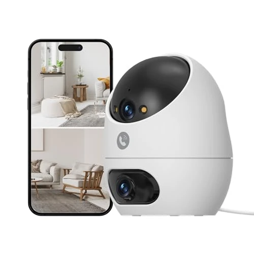 Beans View Caméra Intérieure 3K+3K (5MP+5MP) à Double Objectif, Caméra Surveillance Sécurité 360°, Vision Nocturne Couleur, Détection de Personne, Compatible Alexa, 2.4GHz, Appel Bidirectionnel D220