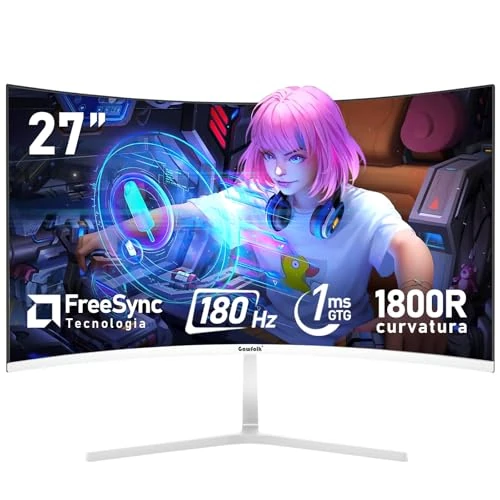 Gawfolk 27 inch gebogen gaming-monitor, 180 Hz, 1800R kromming, FHD 1080p, 98% sRGB, 1 ms responstijd, FreeSync, 178° groothoek, HDMI en DisplayPort, VESA 100 x 100 mm muurbeugel compatibel