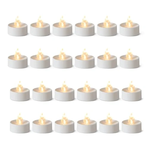 Amazon Basics LED Flameless Tea Lights Battery Operated Candles with Batteries Included, Pack of 24, 3.7 cm (L) x 3.7 cm (B) x 3.3 cm (H), White