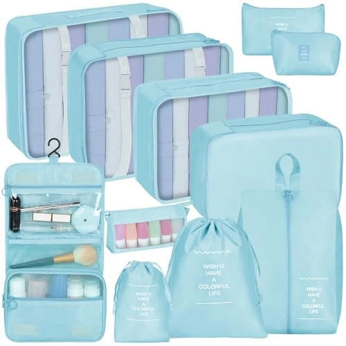 Coolzon Packing Cubes, Suitcase Organiser Set of 11 for Travel, Waterproof Hand Luggage, Laundry Bag, Organiser for Shoe Bags, Lake Blue
