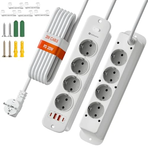 Sefitopher Retractable Socket 8-Way Power Strip with 2 USB-A and 2 USB-C, 4000 W 16 A, 2 Metre Cable, Desk Recessed Socket, Multiple Socket for Offices, Kitchens or Bedrooms