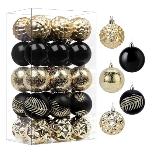 SHareconn Kerstboom Kerstballen 30st 60mm Ornamenten, Onbreekbare Ballen Hangende Decoraties voor Kerstboom, Gekleurde Kerstballen voor Vakantiefeest, Voorgehangen Touwtjes, Zwart &Goud