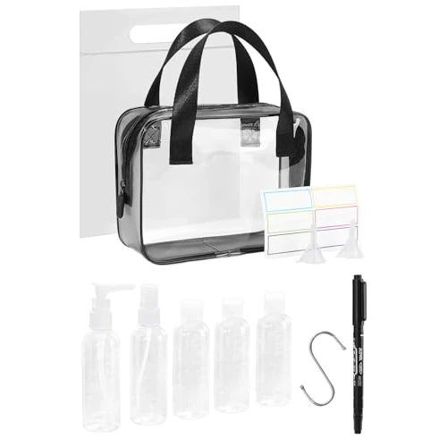MOCOCITO Clear Travel Toiletries Bag with 100ml Travel Bottles Waterproof Wash Bags Toiletry Bag Set Bottles Approved by EU & UK Hand Luggage Rules Clear Makeup Bag for Women and Men