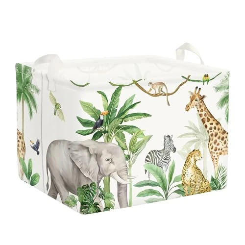 Clastyle Cestos Almacenaje Infantil Animales de la Jungla Tropical Cesta Ropa Sucia Palmera para Habitación Infantil Dormitorio Cajas de Almacenaje Juguetes para Chico Chica, Jirafa, 40x30x30 cm