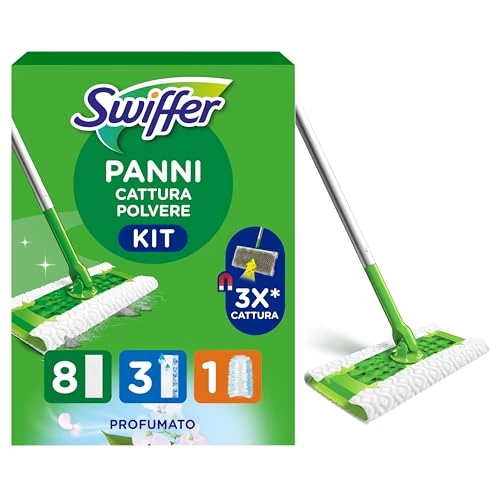 Swiffer Kit Complet Nettoyage: Balai Attrape-Poussière (1 Balai, 8 Lingettes Sèches, 3 Lingettes Humides) Plumeau (1 Manche et 1 Recharge), Tête Pivotante 360°, Pour Poils d'Animaux