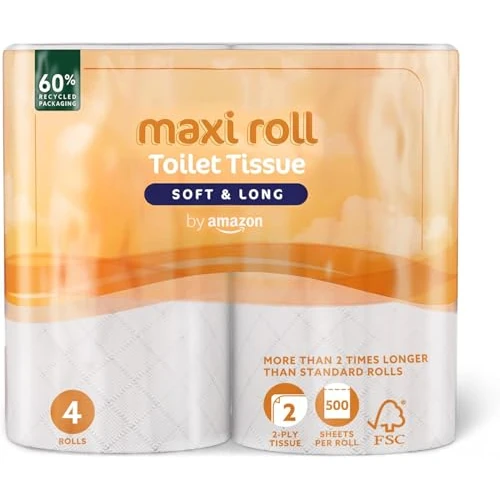 by Amazon Papel higiénico (Maxi Roll), acolchado de 2 capas, suave y delicado, 4 rollos (1 paquete de 4), 500 desgarros por rollo, certificado FSC