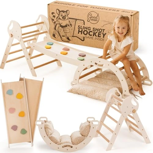 Offre limitée : Goodevas Montessori Cadre d'escalade d'intérieur en bois avec toboggan – Triangle Pikler pliable pour les tout-petits, jouet d'intérieur sûr pour enfants de 1 à 3 ans de 119.95 € à 119.95 € (0.00% de remise)