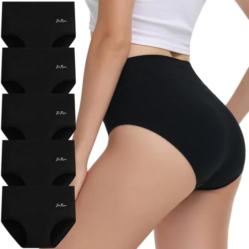 IceReco Bragas Mujer Algodon Talle Alto Braguitas Postparto Cintura Alta Cómodo Pack de 5 Culotte Ropa Interior Mujer Bragas Reductoras Braguitas de Control Algodón Negro L