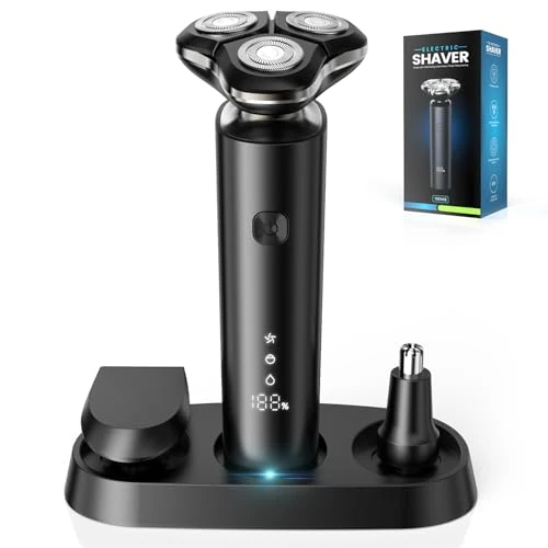 Offerta a tempo: ETROBOT Rasoio Elettrico Barba Uomo, Rasoio Rotativo 3D con Dock di Ricarica, Regolabarba Uomo IPX7 con Display LED, Rasoio Impermeabile Wet & Dry Set 3 in 1 - 41% da 42.99 € a 25.26 €