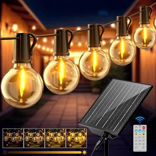 Guirnalda Luces Exterior Solar 17,1 M/56,1 FT G40 Luces Solares LED Exterior Jardin con 24+1 Bombillas, 8 Modos Impermeable, Lámparas Solares de Jardín con Control Remoto para Patio Cafe Boda Fiesta