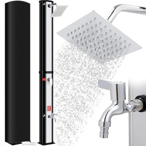 Zeitlich begrenztes Angebot: Solardusche, Solar Gartendusche 60 Liter inkl. 360° Duschkopf, Wasserhahn, Gartenschlauch-Anschluss & Schutzhaube, 4PCS Bodennägel, Pooldusche Camping, warmes Wasser, bis 60°C, ohne Stromanschluss von 169.99 € auf 169.99 € (0.