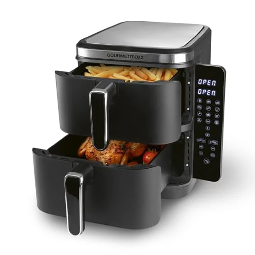 Offerta a tempo: GOURMETmaxx FryUp Friggitrice ad aria calda verticale a doppia camera | Airfryer verticale | Display touch pieghevole | 32% salvaspazio | Capacità 10 l | Friggitrice ad aria calda 2 camere - 0.00% da 85.89 € a 85.89 €