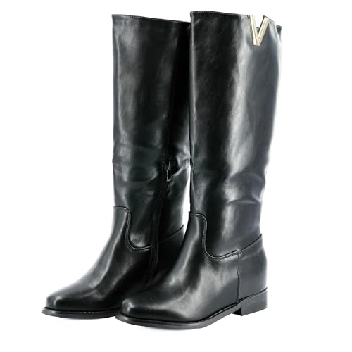 JOMIX Women's Knee-High Boots, Elegant Faux Leather Tubular Boots with Metal V and Side Zip, Fashion Riding Boots, black, 7 UK