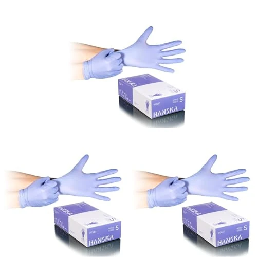 HANSKA 100 Guanti Monouso Nitrile Viola - Senza Polvere - Usa e Getta- Ambidestri - Non Sterili - Base di Gomma - Adatti per Ambiti Medici, Manipolazione degli Alimenti (100, S) (Confezione da 3)