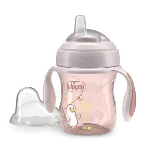 Chicco Transition Cup, Anti-Druppel Peuterbeker 200ml, 1 Flessenbeker 4+ Maanden om te Leren Drinken, met Ergonomische Siliconen Tuit, Dubbel Anti-Koliekventiel, BPA-Vrij - Roze