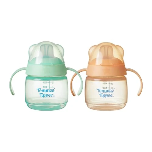 Tommee Tippee Tazza per lo Svezzamento con Beccuccio, 150 ml, Tazza Antigoccia per L’Uso dai 4 Mesi in Su, con Morbido Beccuccio Sagomato Resistente ai Morsi, Verde e Arancione, Confezione da 2