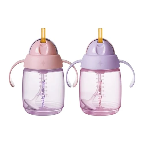Tommee Tippee Trainer-Trinkhalmbecher, 240 ml, Übergangsbecher für Kleinkinder ab sechs Monaten, mit gewichtetem Trinkhalm aus Silikon und leicht zu haltenden Griffen, Pink und Violett, 2 Stück