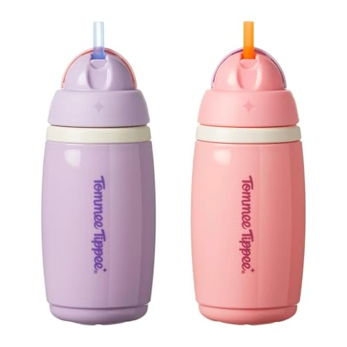 Tommee Tippee Active Straw izolowany kubek 266 ml, szczelna butelka na napoje dla niemowląt od 12 miesięcy, przegubowa pokrywka utrzymuje słomkę w czystości, różowy i fioletowy, zestaw 2 szt