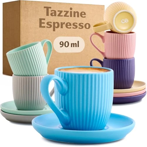 Cosumy Tazas de Café Espresso con Platos - 6 Tazas 90ml con Asa para Espresso con Diseño único a rayas - Cerámica Mate - Aptas para lavavajillas - Pastel