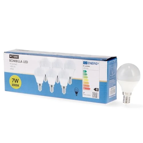 Offerta a tempo: M Ledme - Confezione da 6 lampadine LED E14 G45 7W, luce calda (3000k), attacco E14, 630 lumen, IP20, apertura fascio luminoso 200°, efficienza energetica e basso consumo. Modello LM7609 - 35% da 9.48 € a 6.12 €